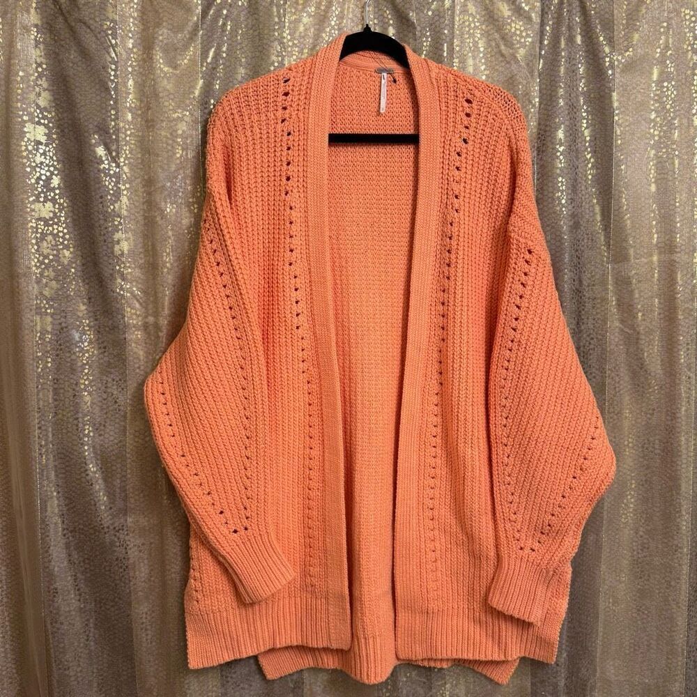 Free People Peach Orange Nightingale ChunkyβLong Cardiganβ Sweater Small NWOT